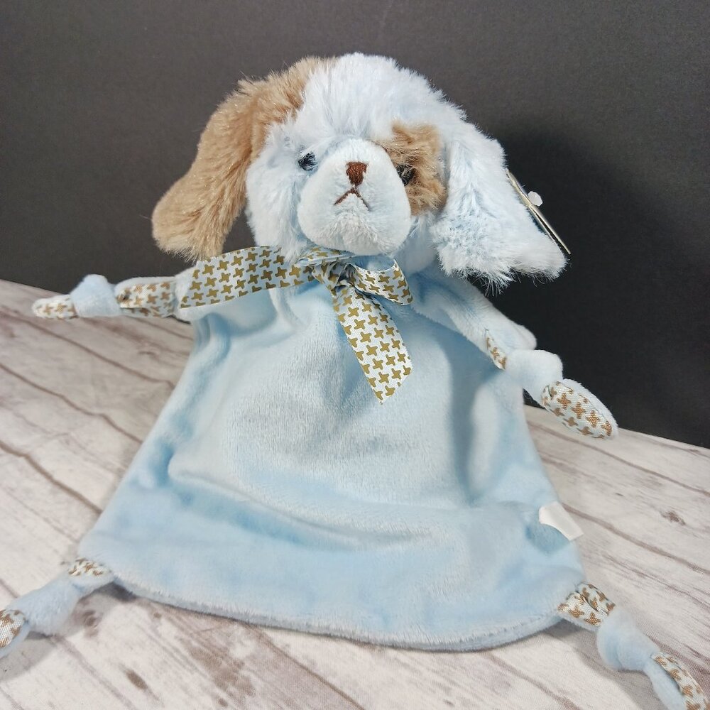 Bearington Baby Wee Waggles Puppy Dog Blankie Blue Brown Plush Knotted Legs NWT